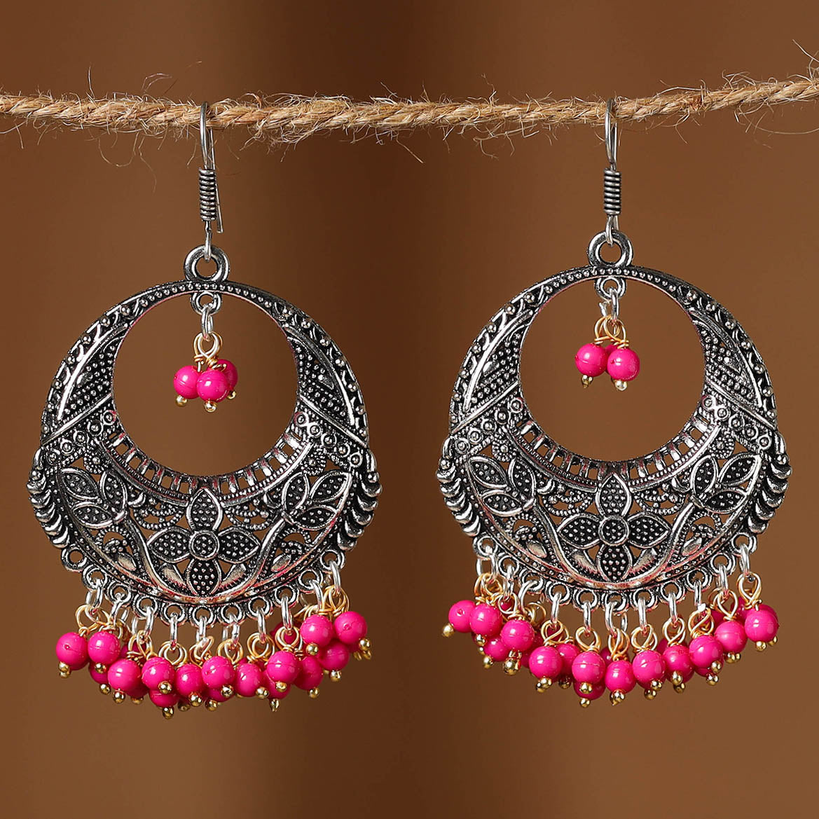 Pink Ishika German Silver Beaded Earrings