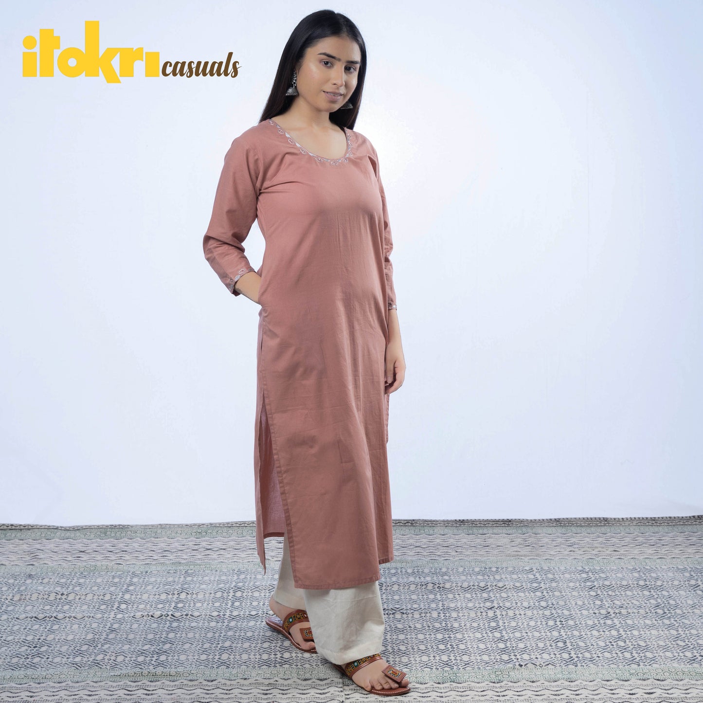 iTokri Casuals - Hand Embroidered Cotton Long Kurta 