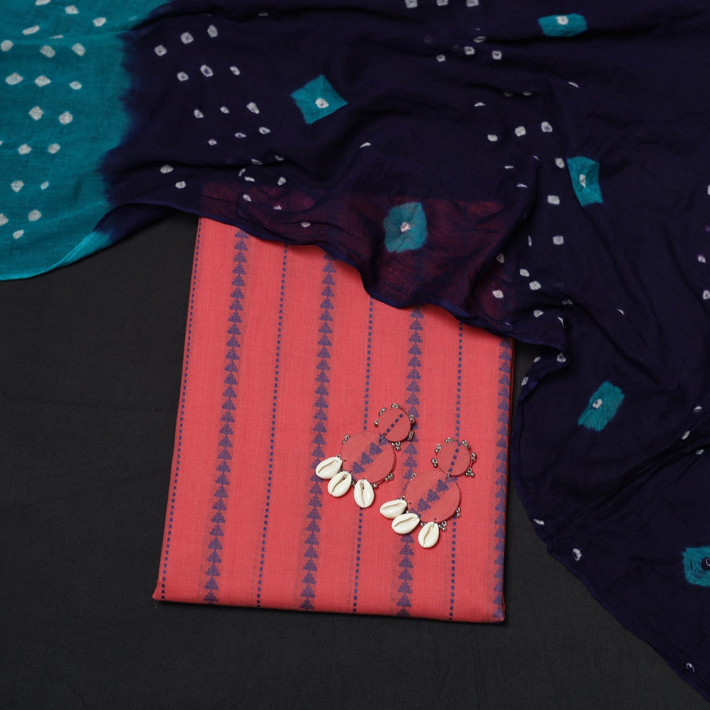 Jacquard cotton 2pc unstitched dress material with earrings