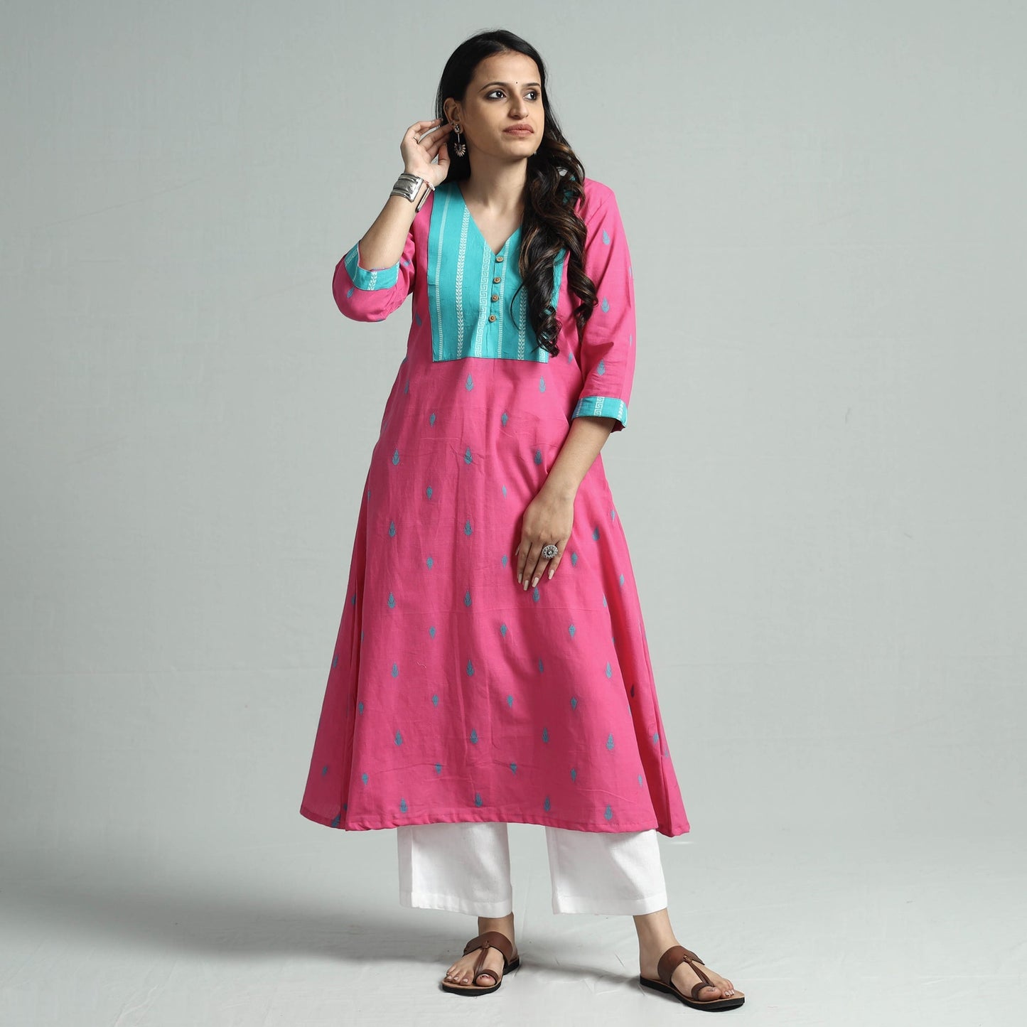 Pink jacquard cotton floral kurta - handcrafted