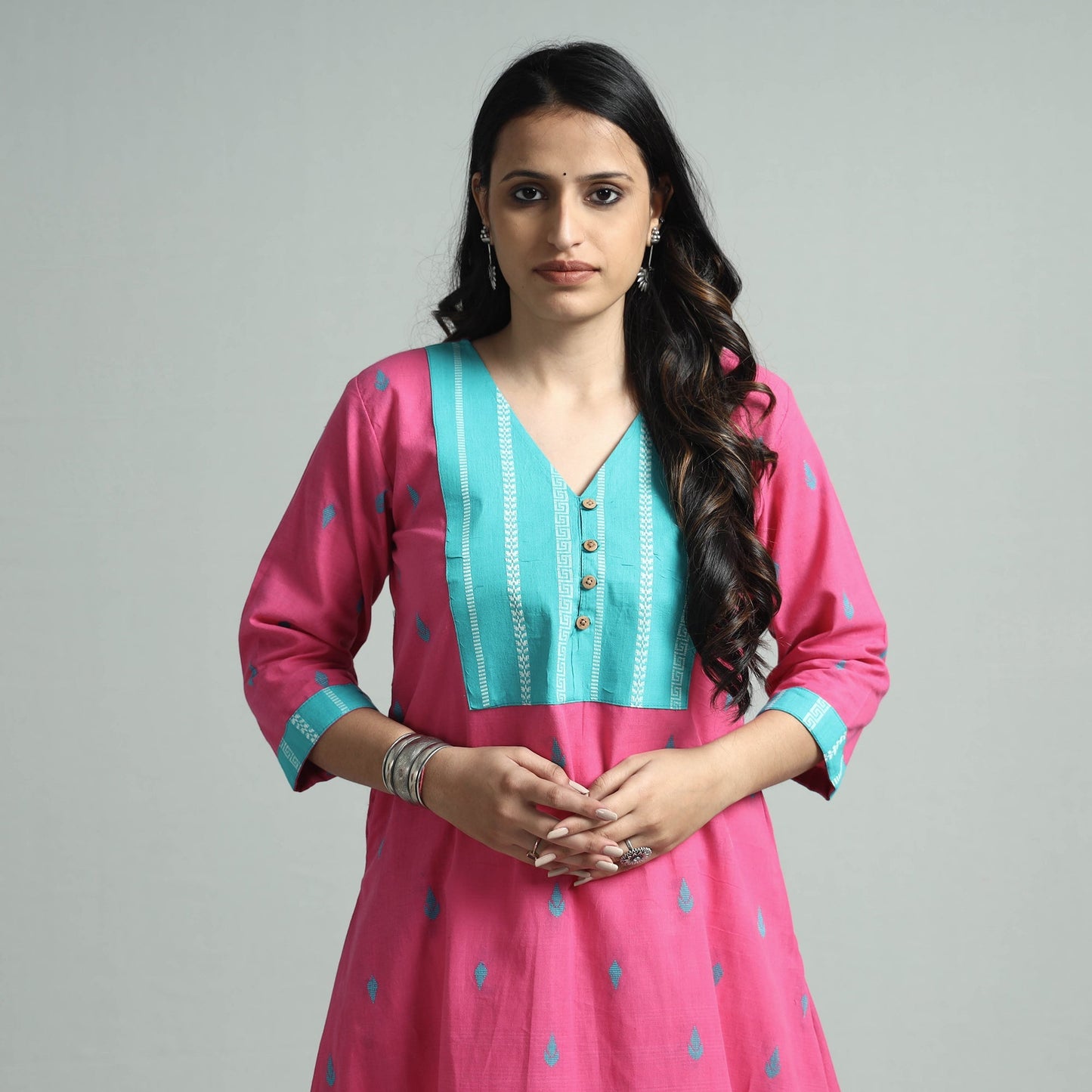 Pink jacquard cotton floral kurta - handcrafted