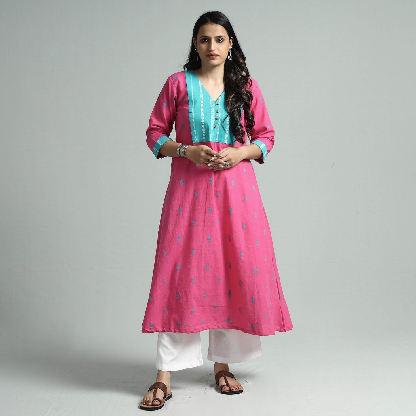 Pink jacquard cotton floral kurta - handcrafted