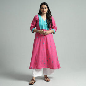 Pink jacquard cotton floral kurta - handcrafted
