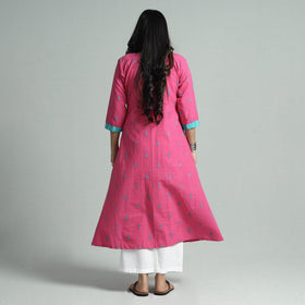 Pink jacquard cotton floral kurta - handcrafted