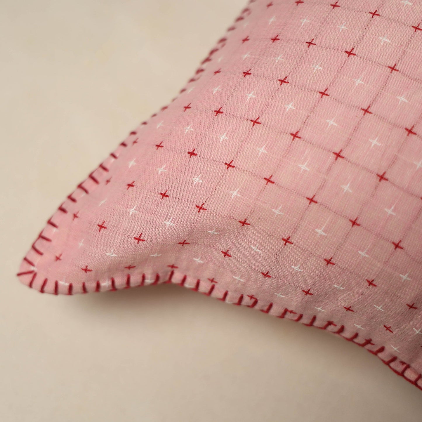 Pink Jacquard Cotton Hand Embroidery Cushion Cover (16 x 16 in) 10