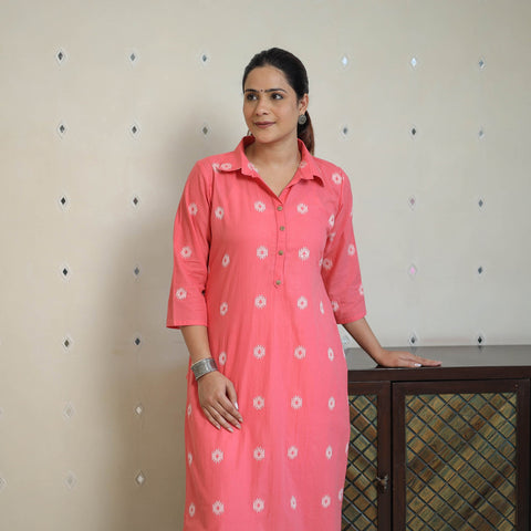 Pink - jacquard cotton straight kurta 06 - handcrafted