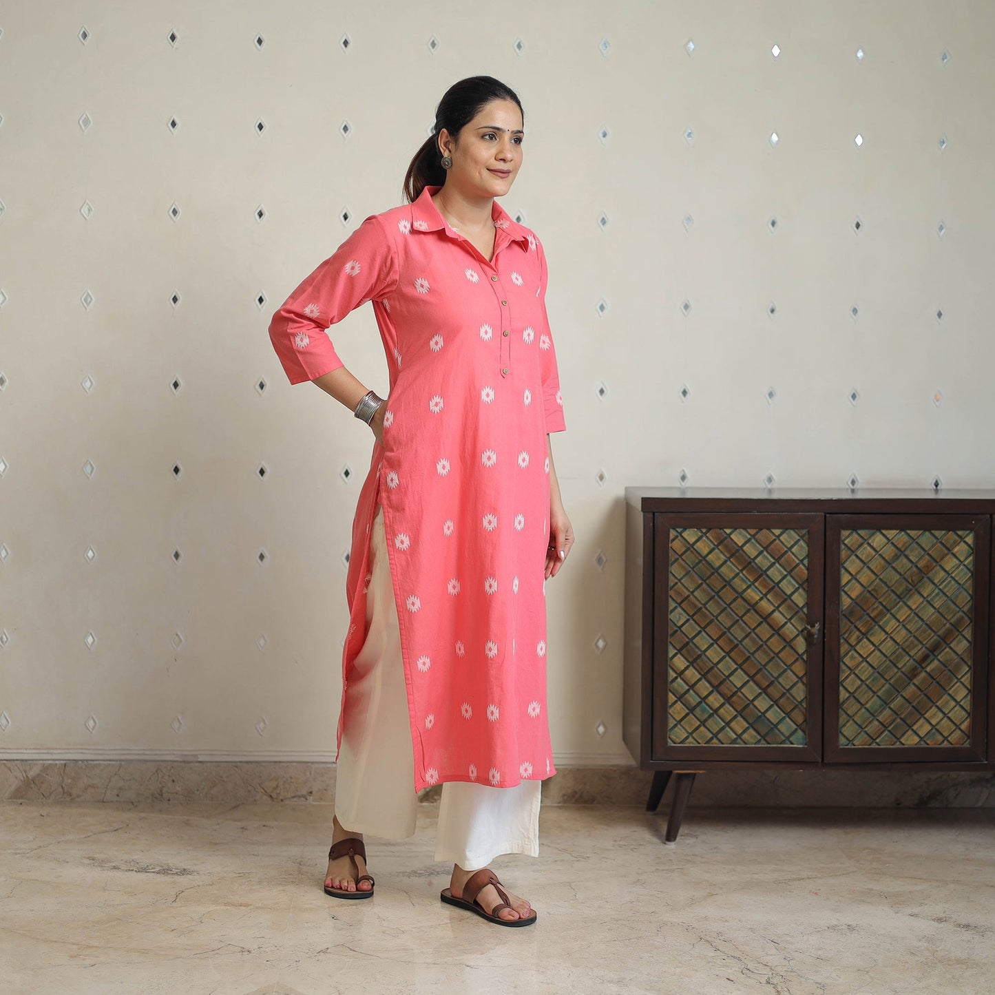 Pink - jacquard cotton straight kurta 06 - handcrafted