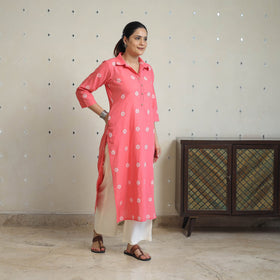 Pink - jacquard cotton straight kurta 06 - handcrafted