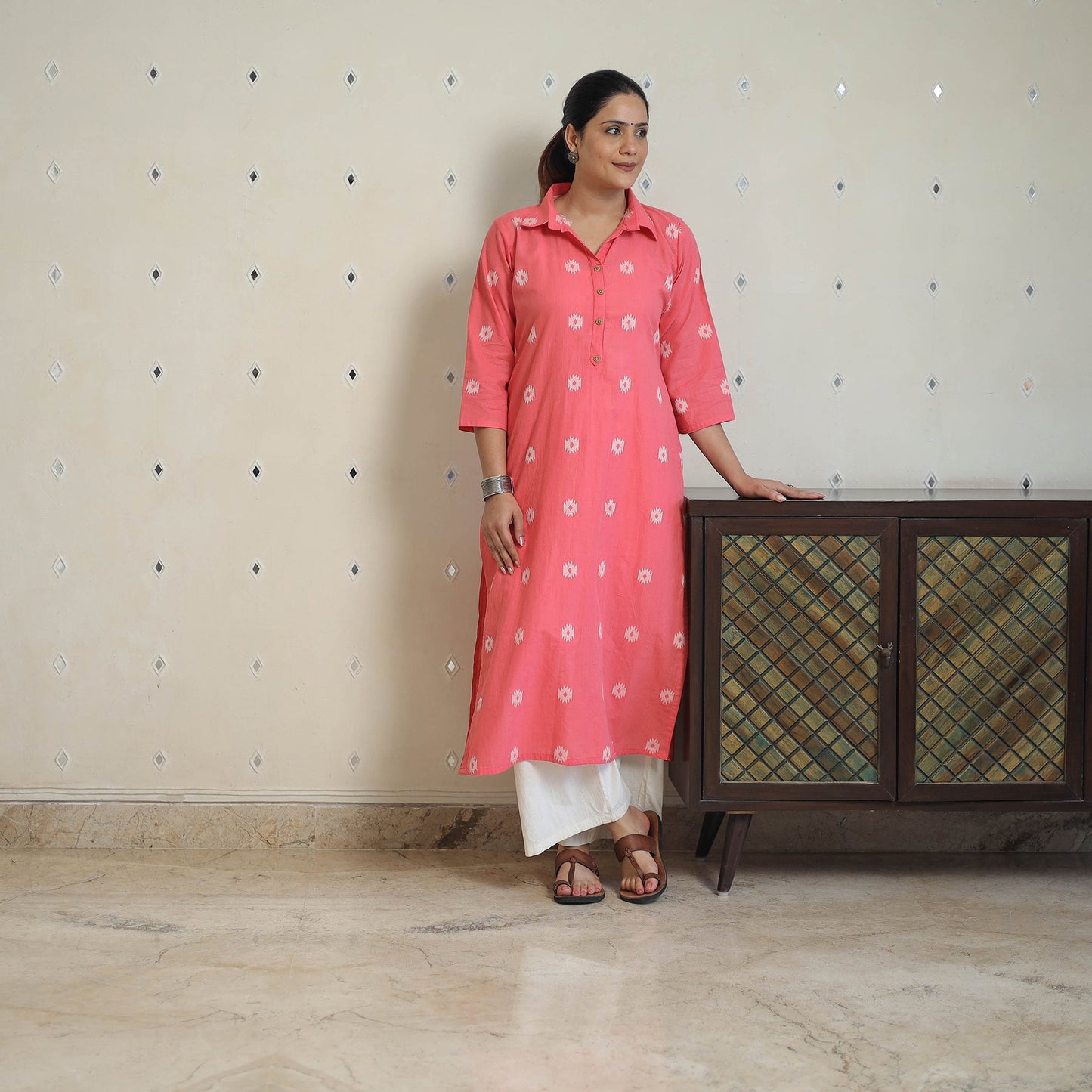Pink - jacquard cotton straight kurta 06 - handcrafted