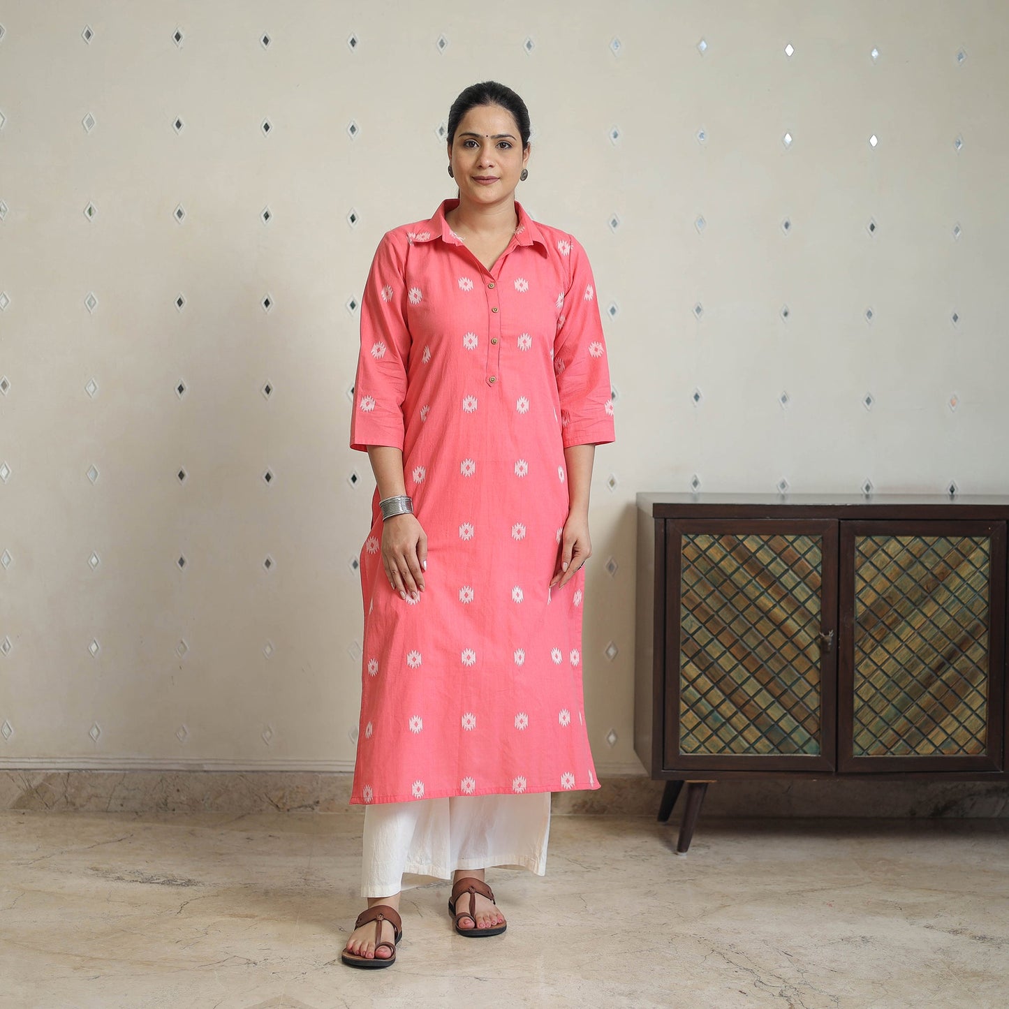 Pink - jacquard cotton straight kurta 06 - handcrafted