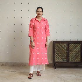 Pink - jacquard cotton straight kurta 06 - handcrafted