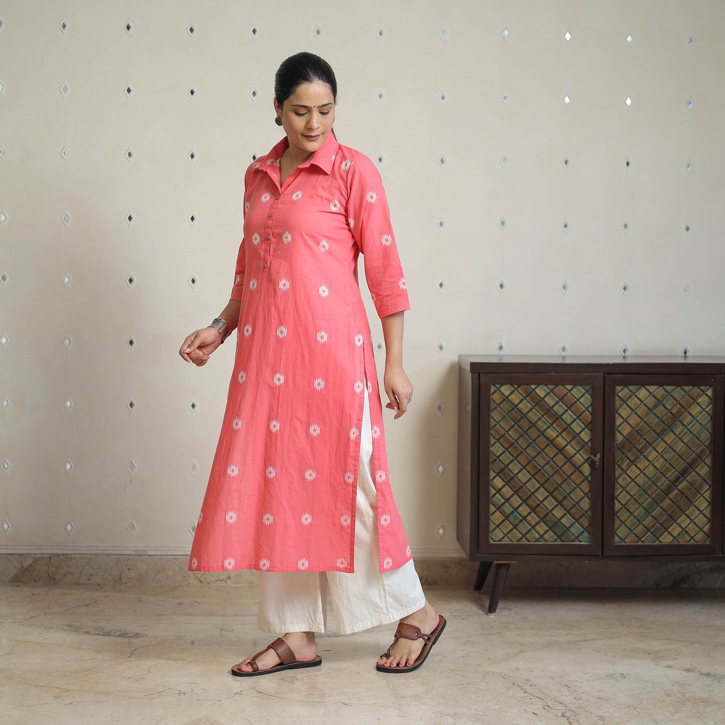 Pink - jacquard cotton straight kurta 06 - handcrafted