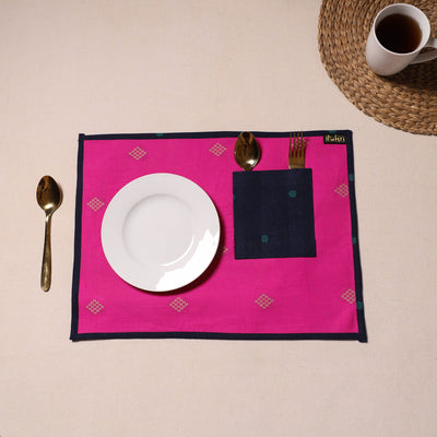 Pink Jacquard Cotton Table Mat With Pocket