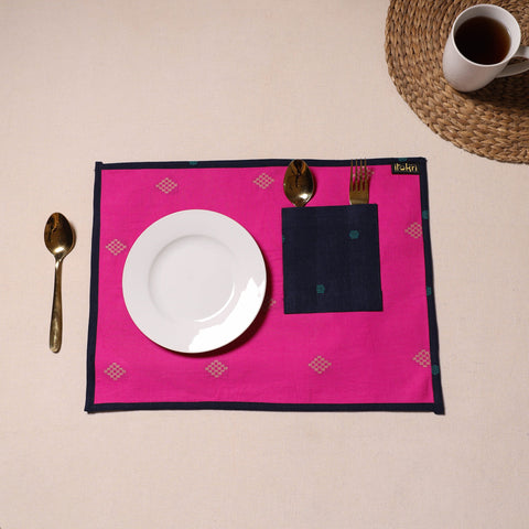 Pink Jacquard Cotton Table Mat With Pocket