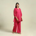 Pink Jacquard Cotton Top & Pyjama Night Suit Set
