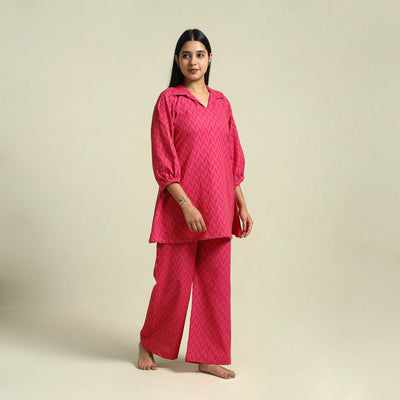  Pink Jacquard Cotton Top & Pyjama Night Suit Set