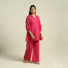  Pink Jacquard Cotton Top & Pyjama Night Suit Set
