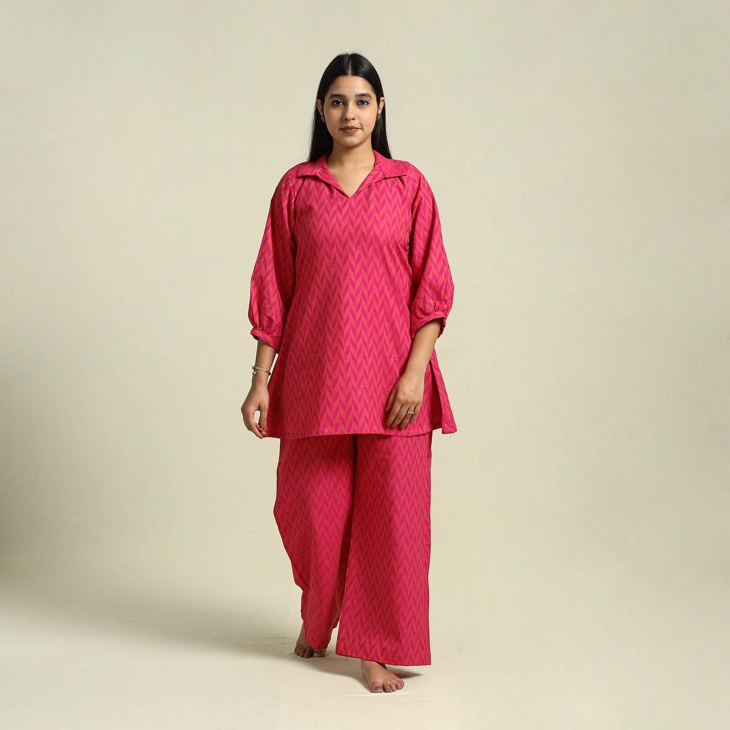  Pink Jacquard Cotton Top & Pyjama Night Suit Set