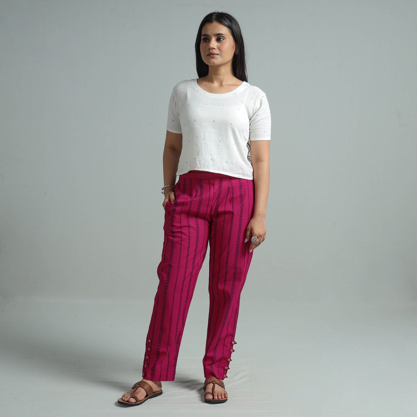 Pink - jacquard weave cotton elasticated pant 05