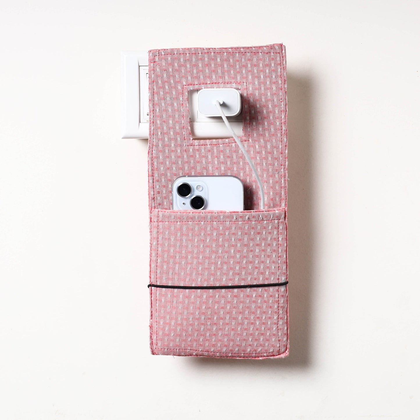 Pink Jacquard Weave Cotton Fabric Mobile Charging Holder 