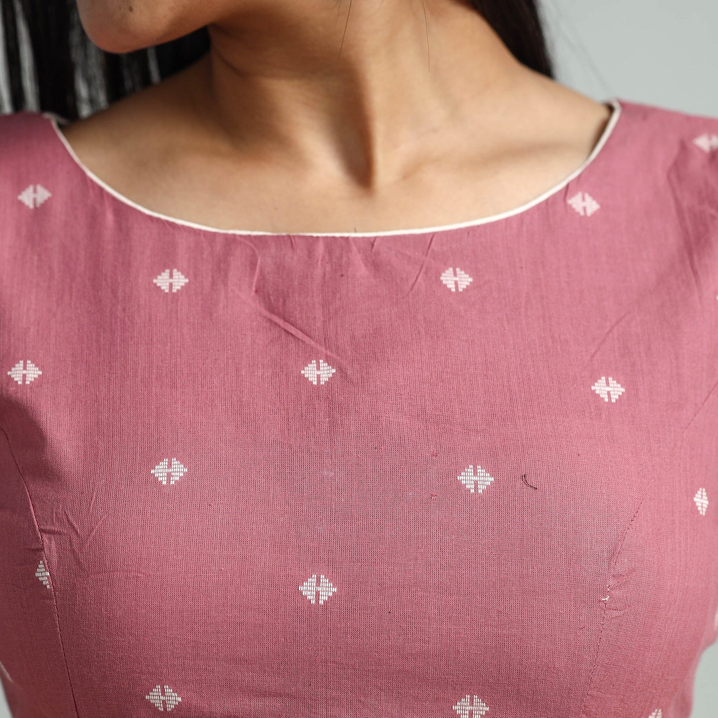 Pink - jacquard weave cotton stitched blouse 04