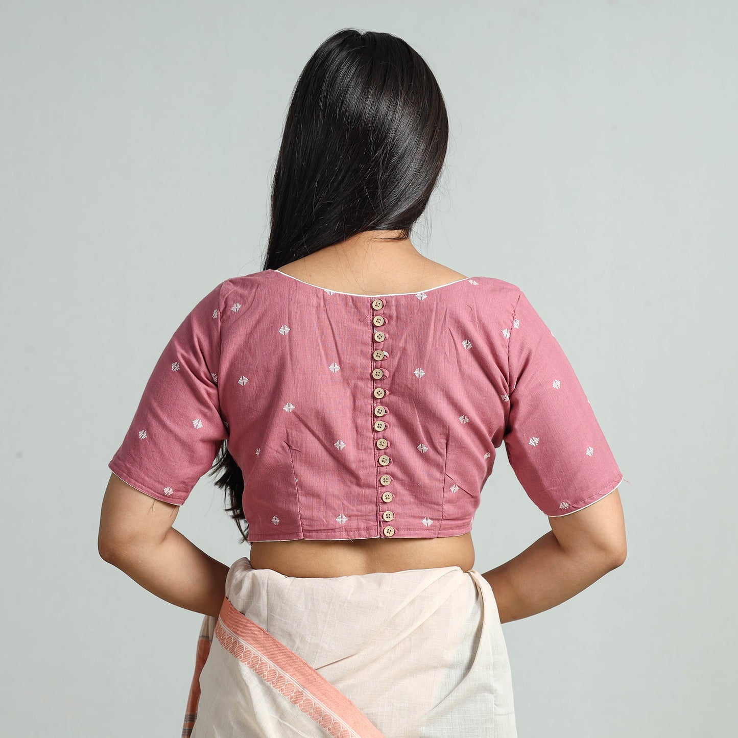 Pink - jacquard weave cotton stitched blouse 04