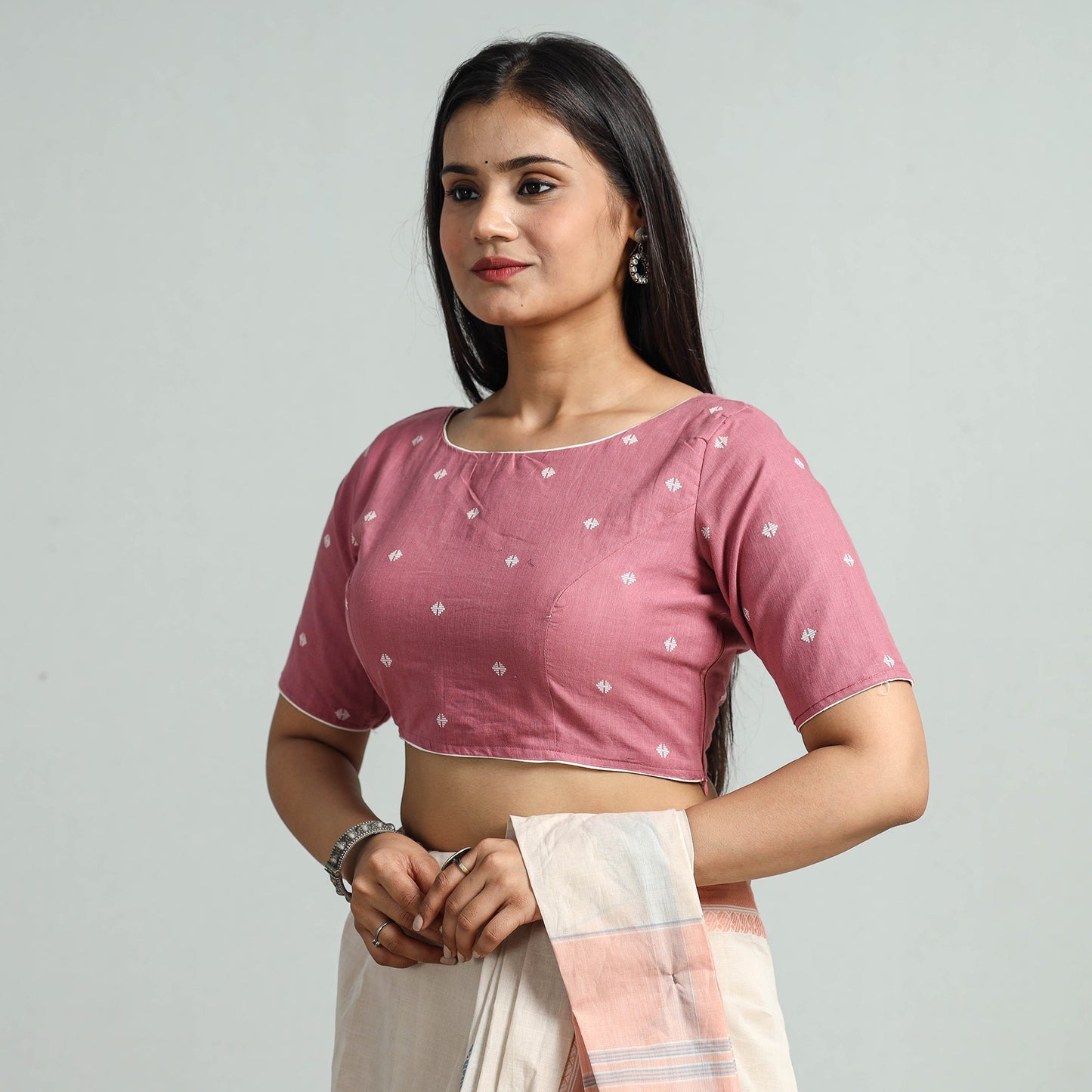 Pink - jacquard weave cotton stitched blouse 04
