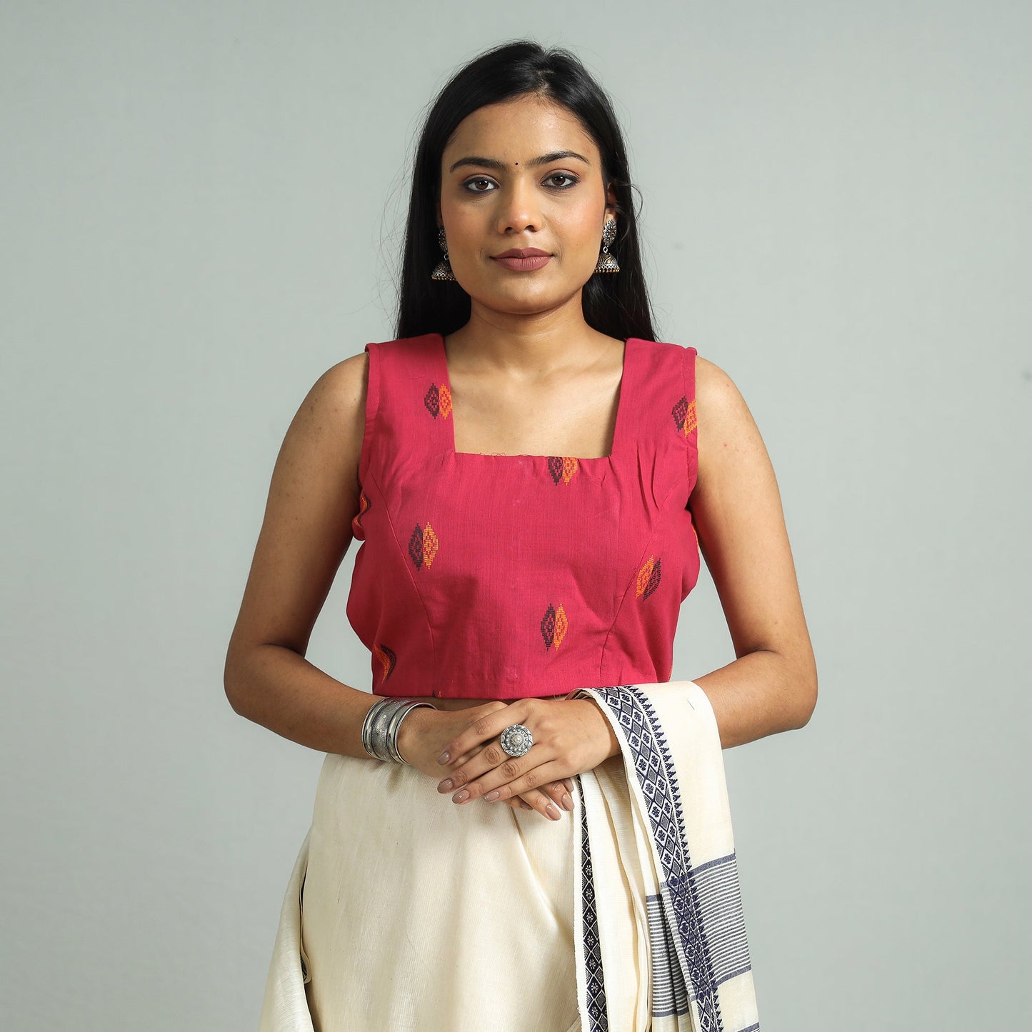 Pink - Jacquard Weave Cotton Stitched Sleeveless Blouse