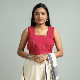 Pink - Jacquard Weave Cotton Stitched Sleeveless Blouse