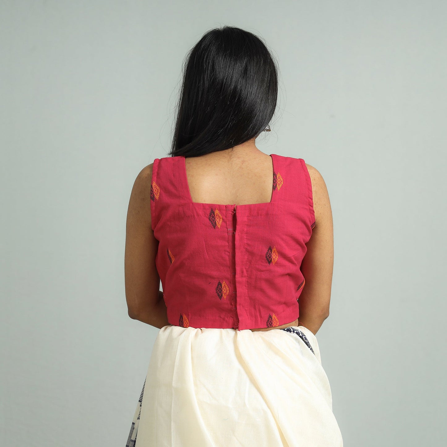 Pink - Jacquard Weave Cotton Stitched Sleeveless Blouse