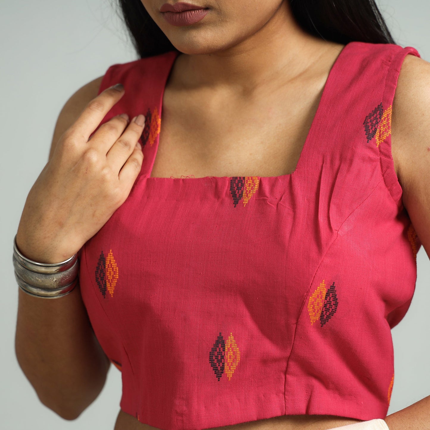 Pink - Jacquard Weave Cotton Stitched Sleeveless Blouse