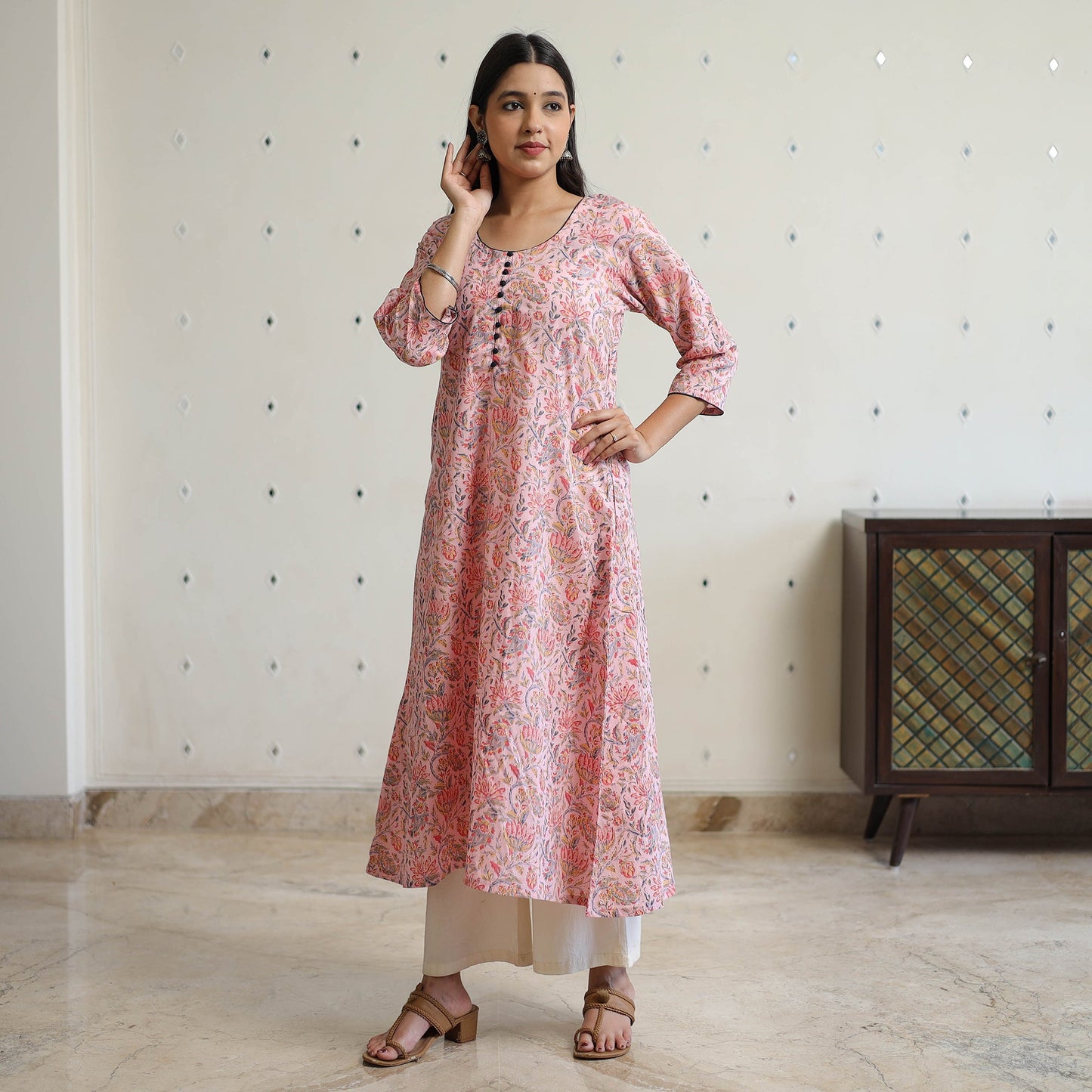 Buy Pink Jaipur Printed Cotton A-Line Kurta Online 