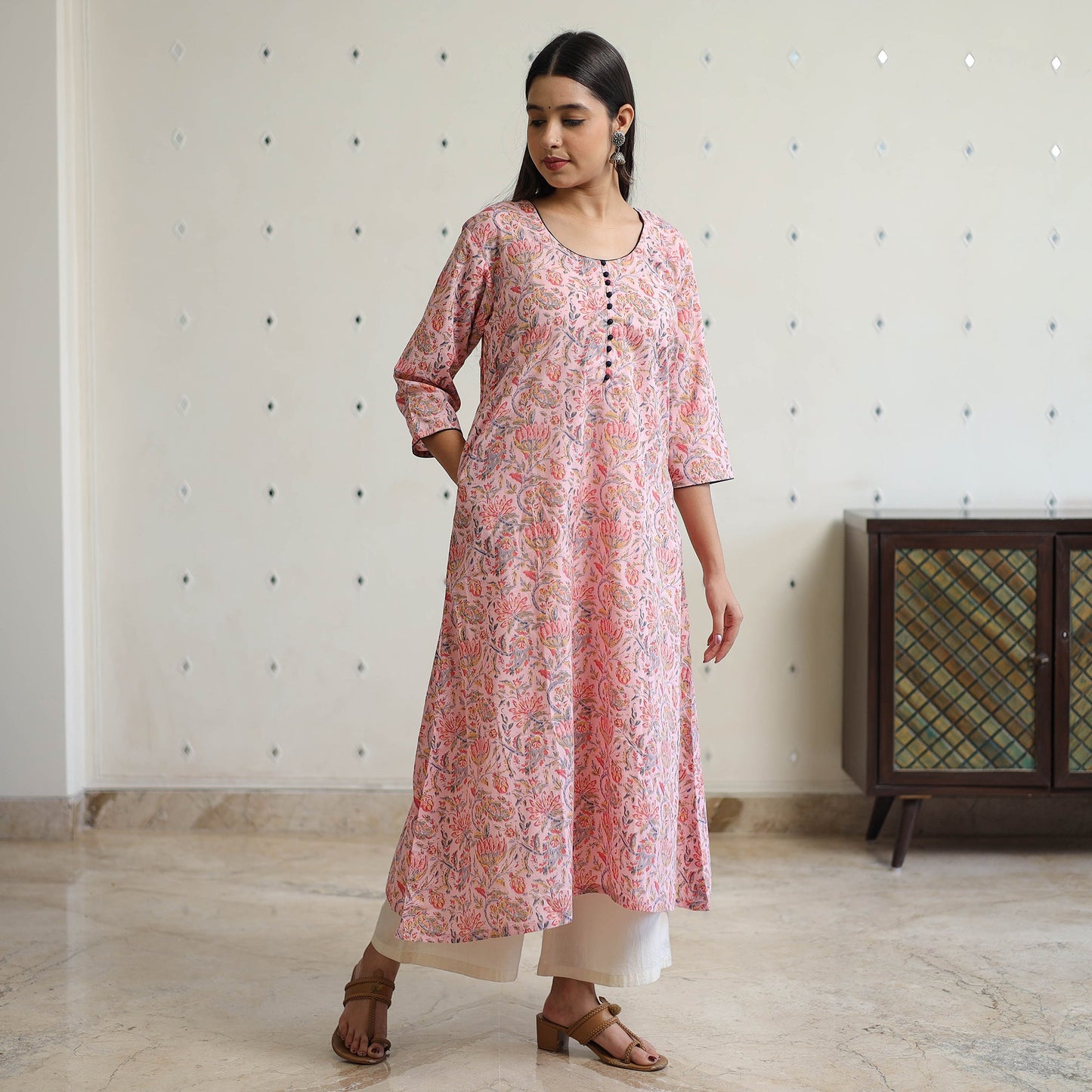 Buy Pink Jaipur Printed Cotton A-Line Kurta Online 