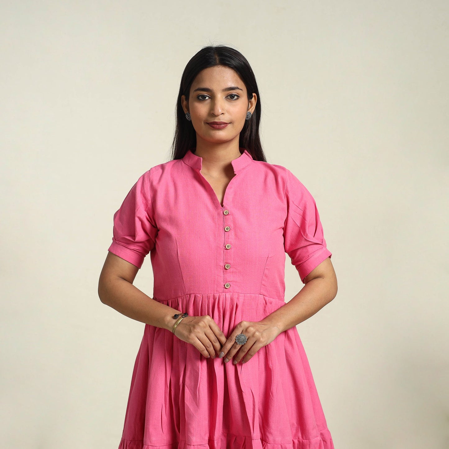 Buy Pink Jhiri Handloom Cotton Tiered Plain Dress