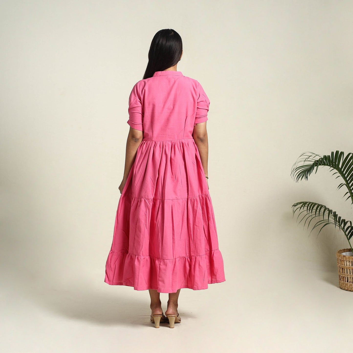 Buy Pink Jhiri Handloom Cotton Tiered Plain Dress