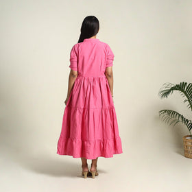 Buy Pink Jhiri Handloom Cotton Tiered Plain Dress