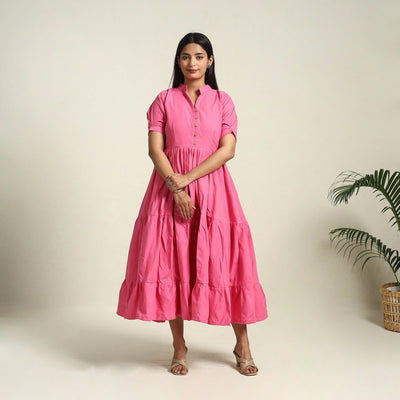 Buy Pink Jhiri Handloom Cotton Tiered Plain Dress
