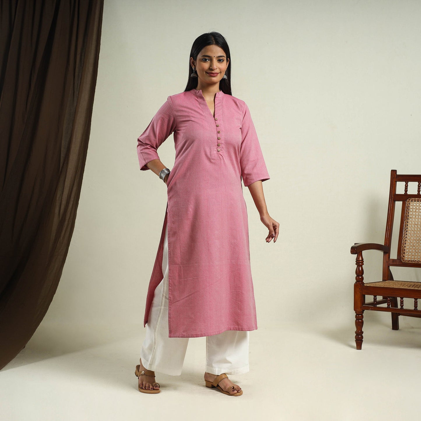 Buy Pink Jhiri Handloom Straight Cotton Kurta for Women