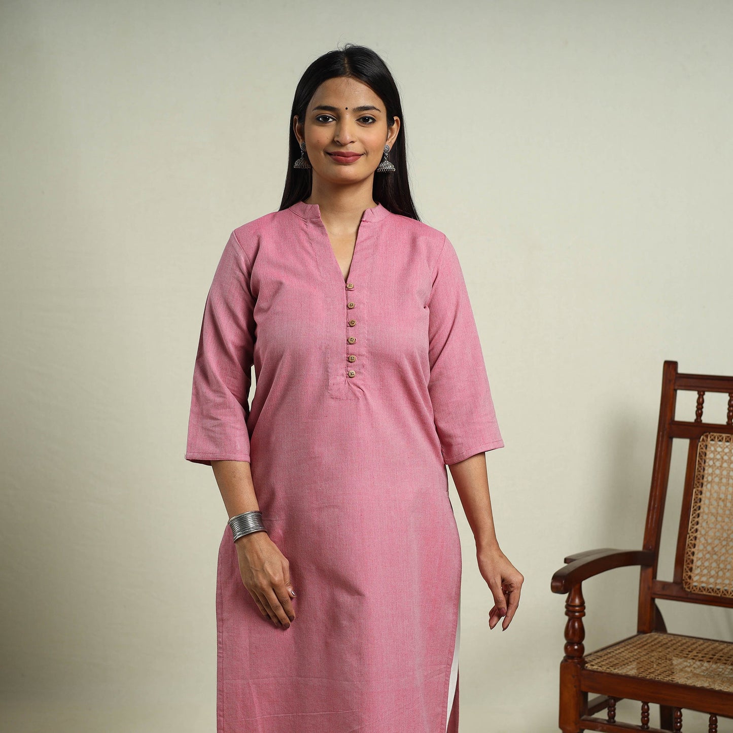 Buy Pink Jhiri Handloom Straight Cotton Kurta for Women