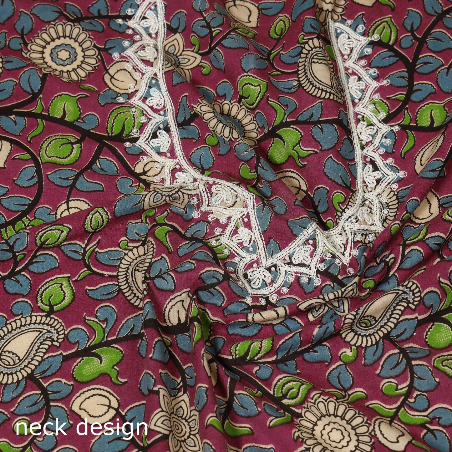 Pink Kalamkari Print Hand Embroidery Cotton Blouse Piece