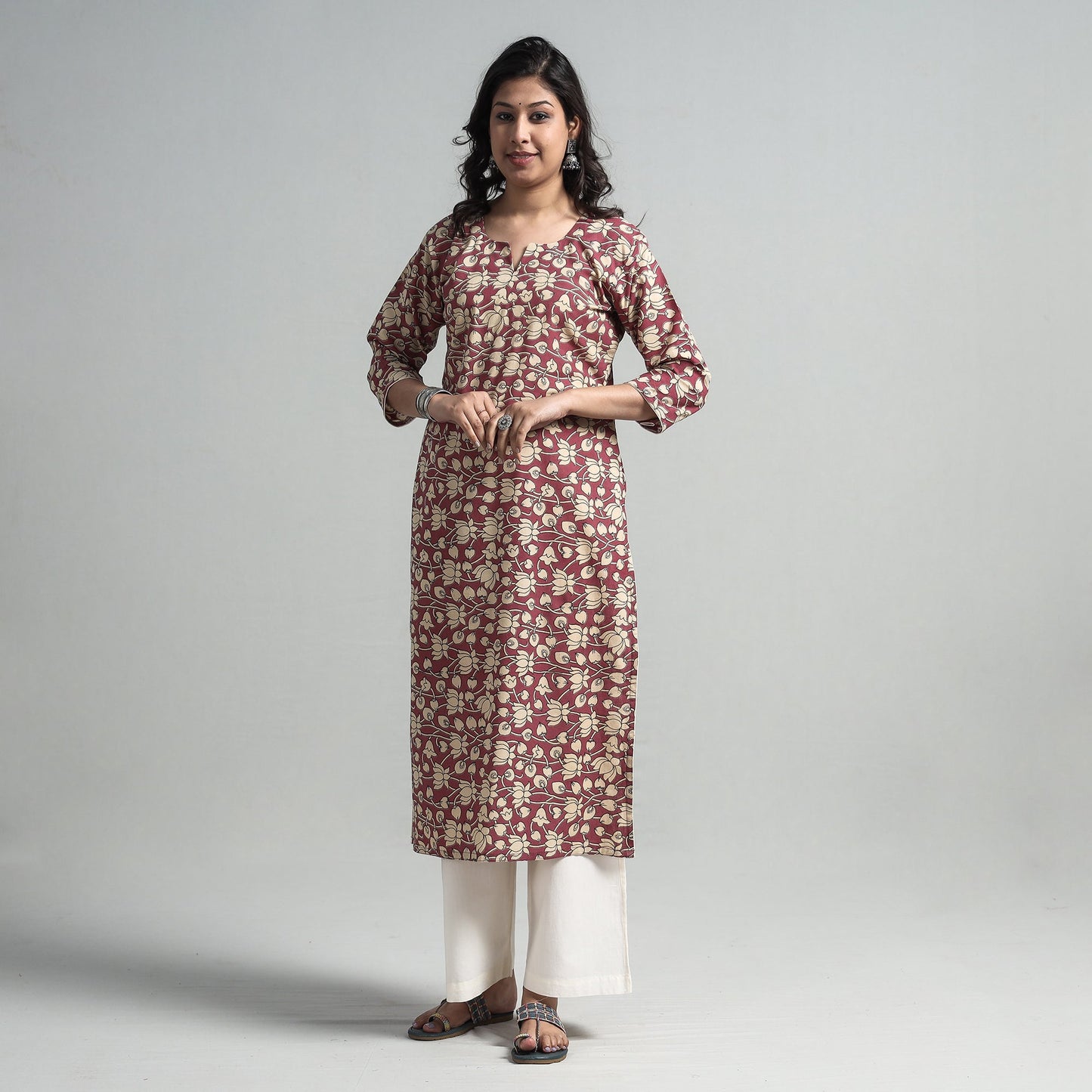 Pink - kalamkari printed cotton a-line long kurta
