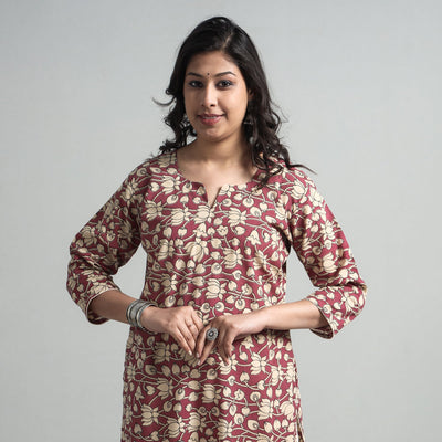 Pink - kalamkari printed cotton a-line long kurta