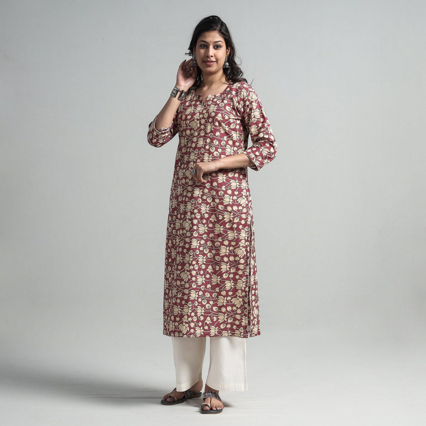 Pink - kalamkari printed cotton a-line long kurta