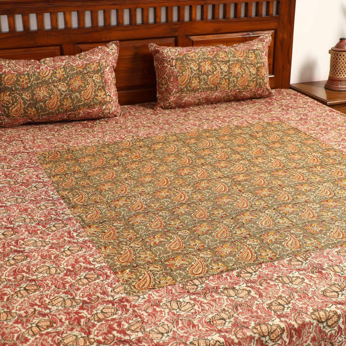  Kalamkari Block Printed Patchwork Cotton Double Bed Cover With Pillow Covers 