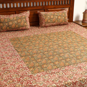  Kalamkari Block Printed Patchwork Cotton Double Bed Cover With Pillow Covers 