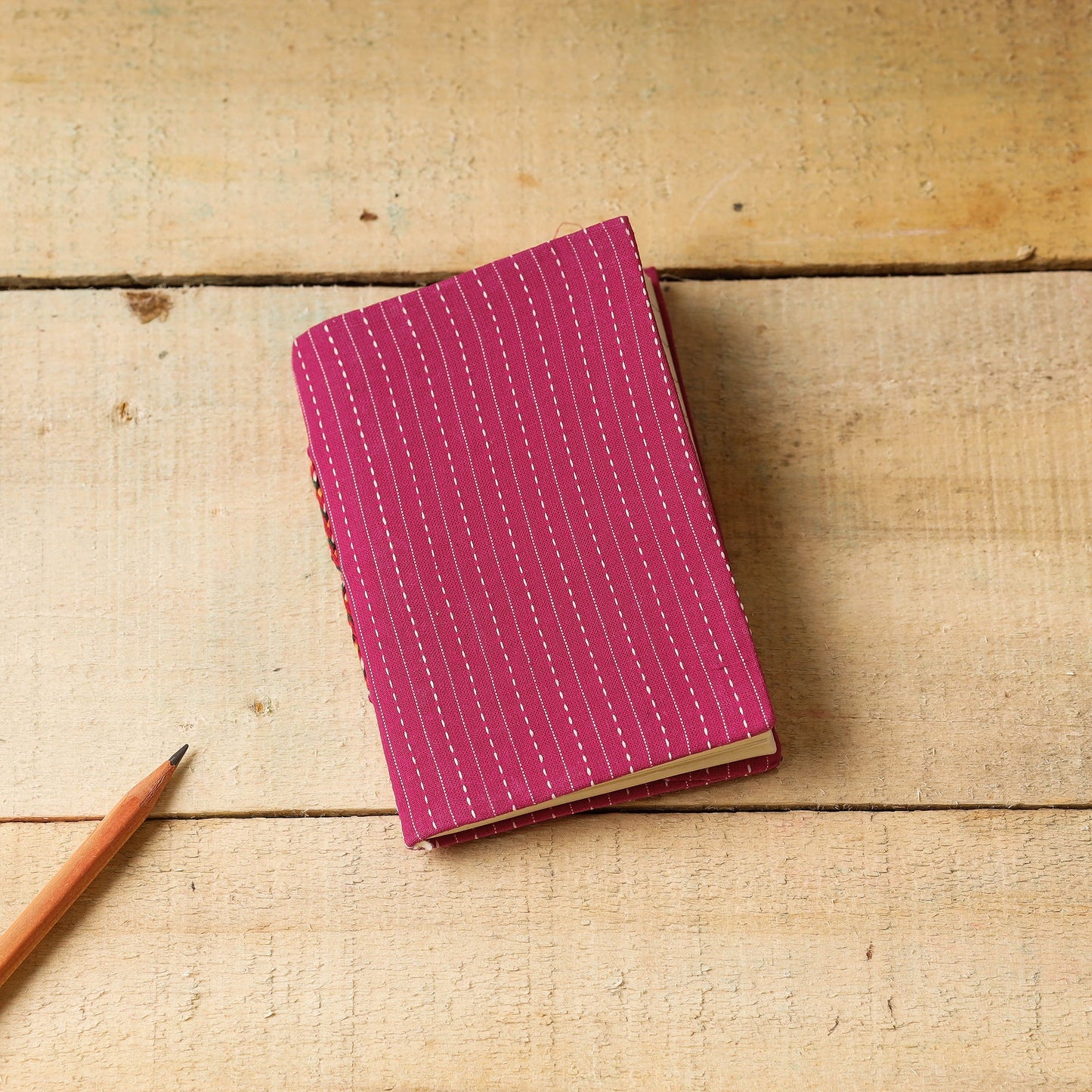 Pink - Kantha Stitch Fabric Cover Handmade Paper Notebook (5 x 3.5 in)