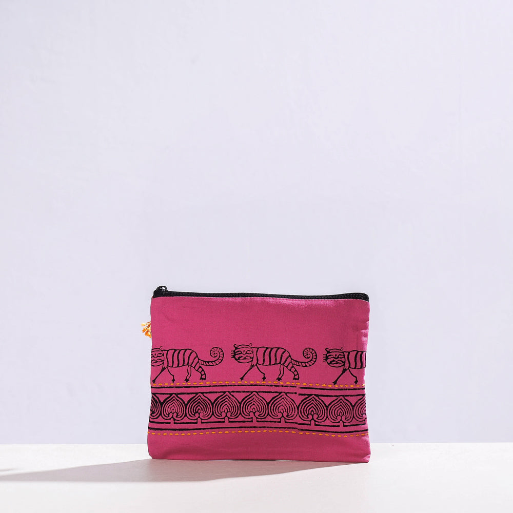  Kantha Work Block Print Cotton Utility Pouch 