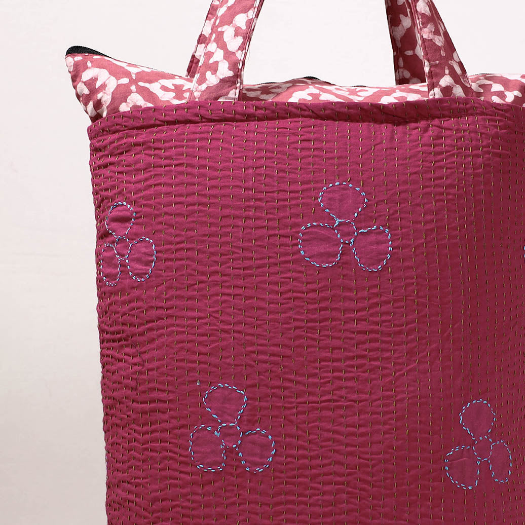  Kantha Work Block Print Cotton Shopping Bag 