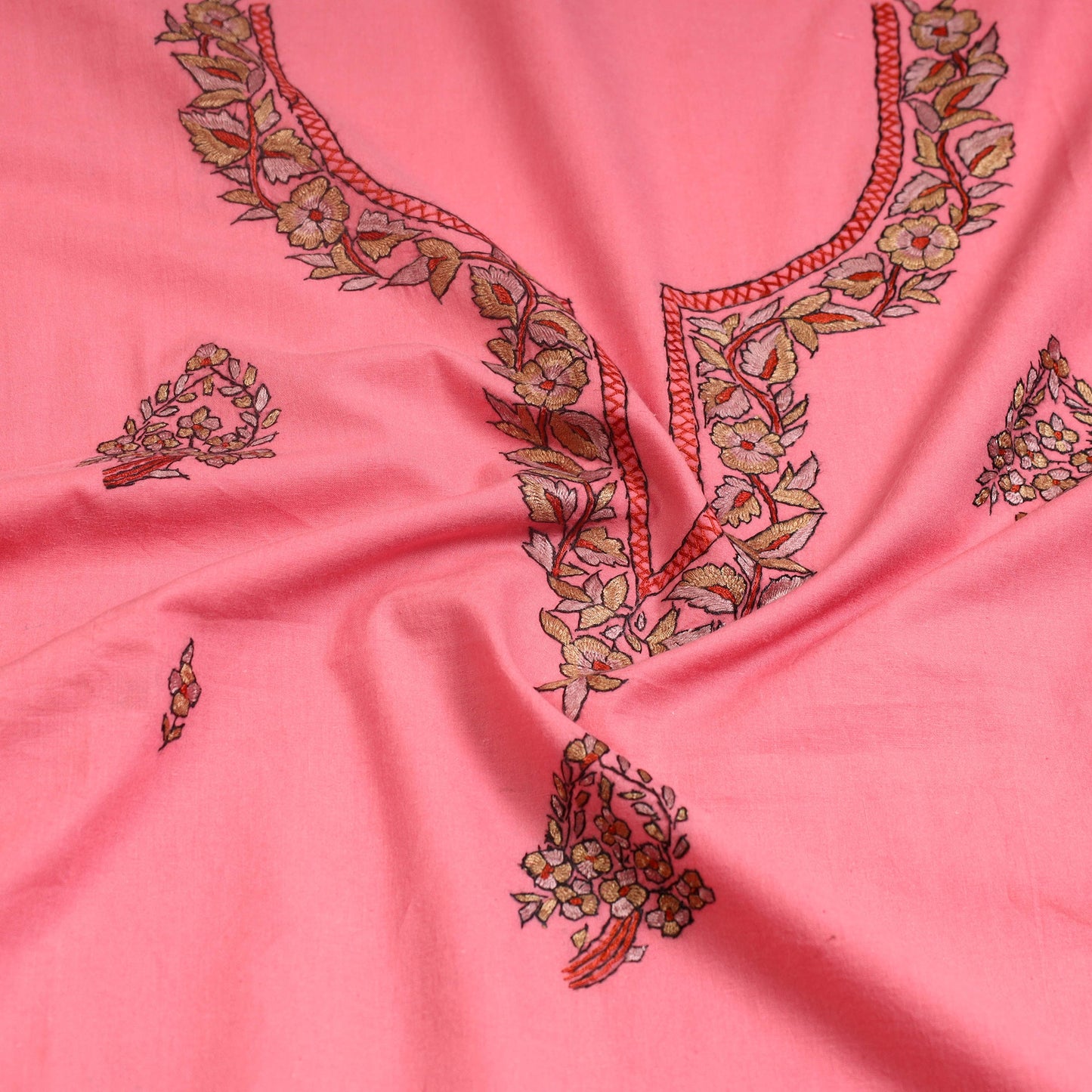  Pink Kashida Hand Embroidery Cotton Kurta Material