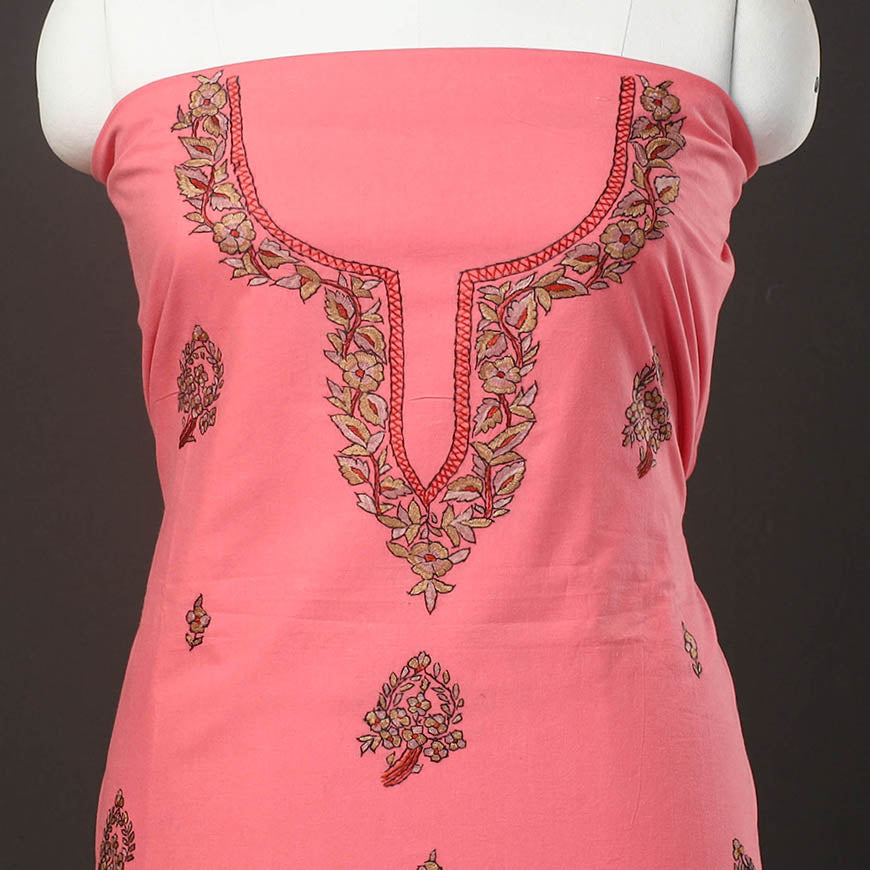  Pink Kashida Hand Embroidery Cotton Kurta Material